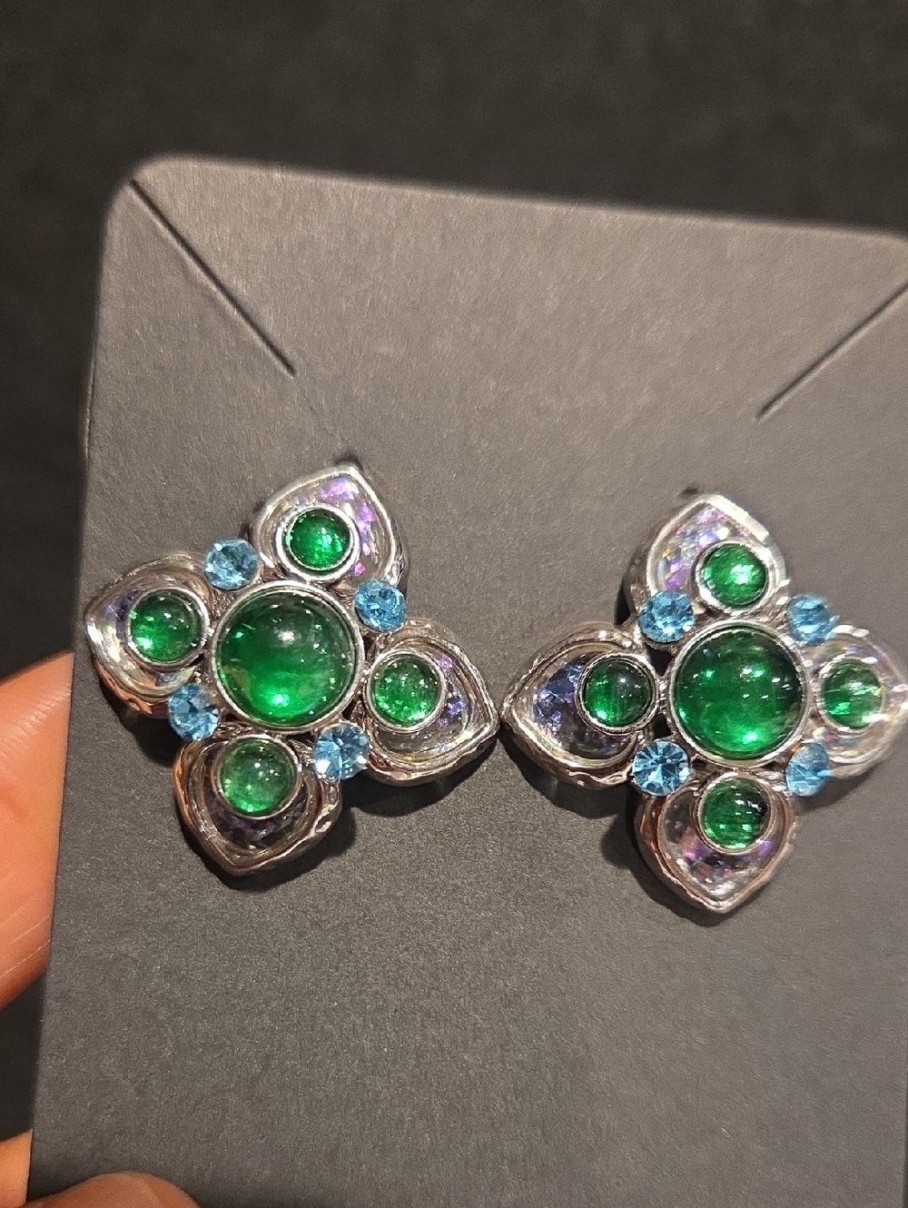 Green and Blue Crystal Flower Post Back Earrings - Women Jewelry